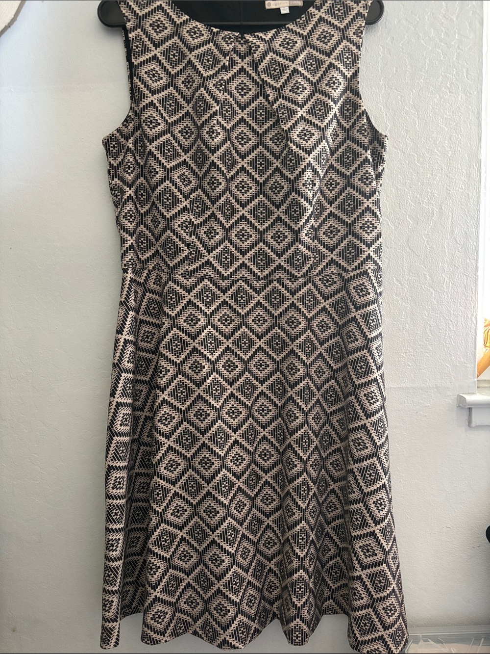 Sleeveless Black and Cream Geometric Fit & Flare Dress